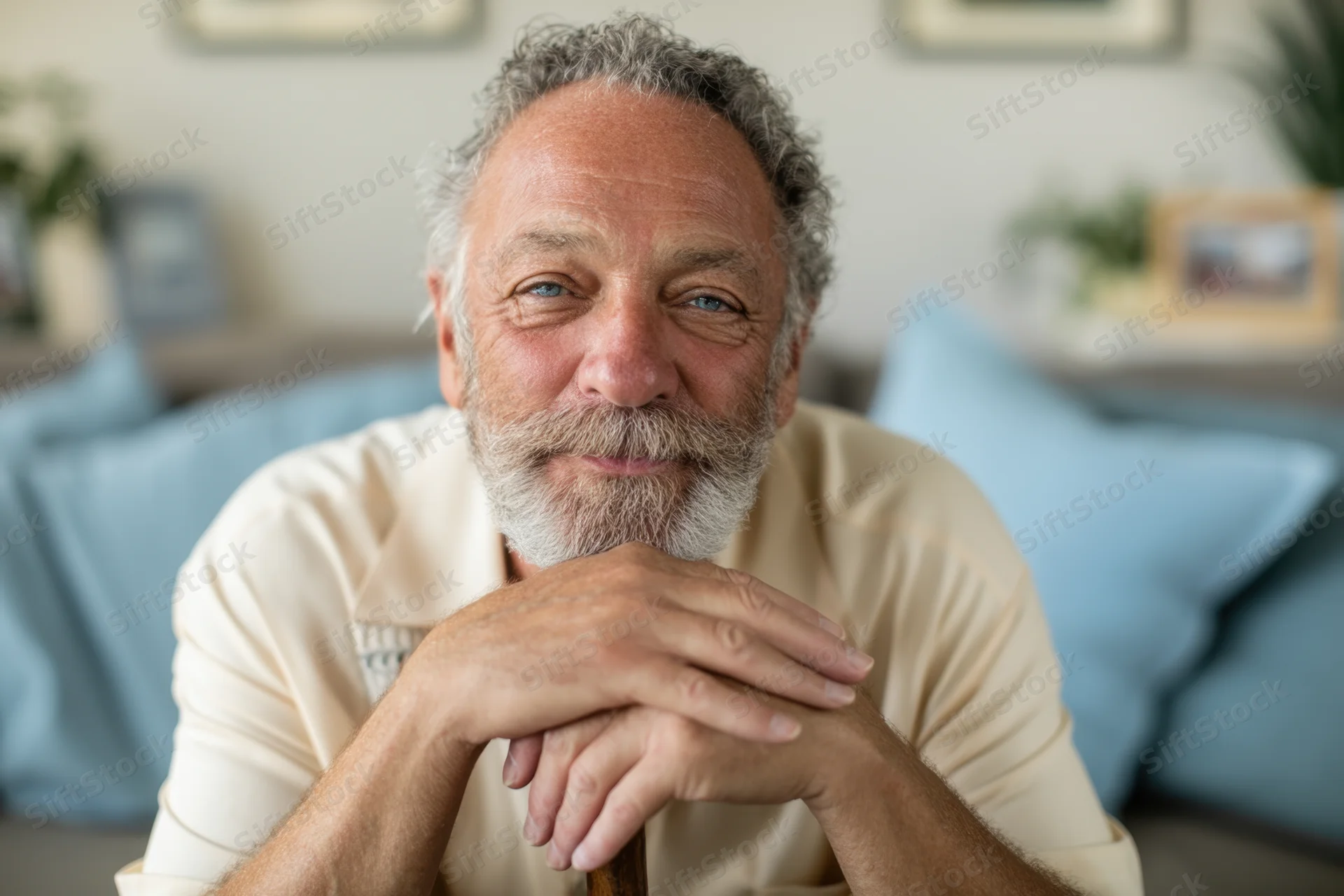 Senior man smiling with clasped hands on cane in living room interior