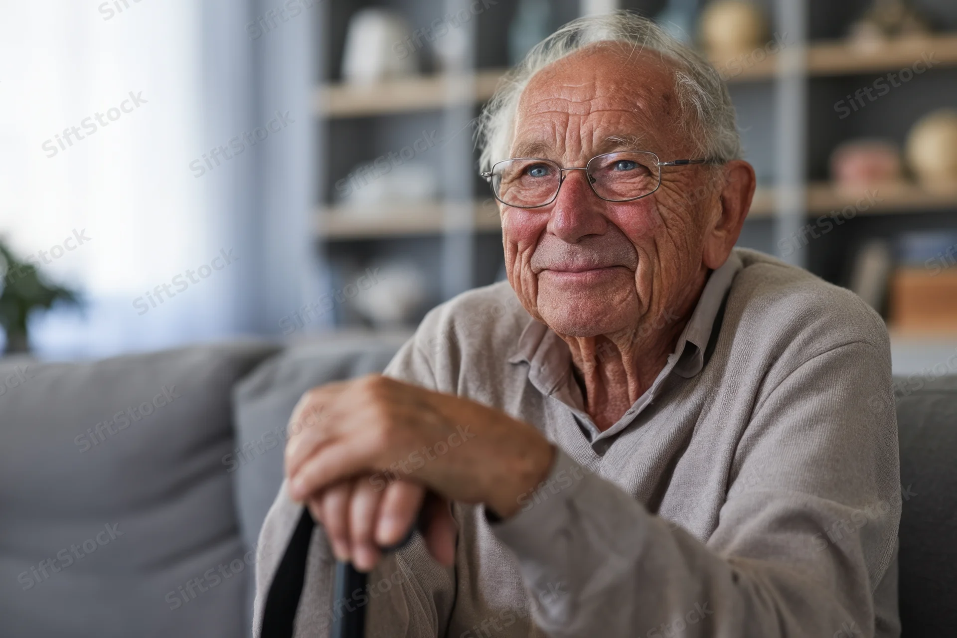 Elderly man smiling while sitting on a couch holding a cane in a living room