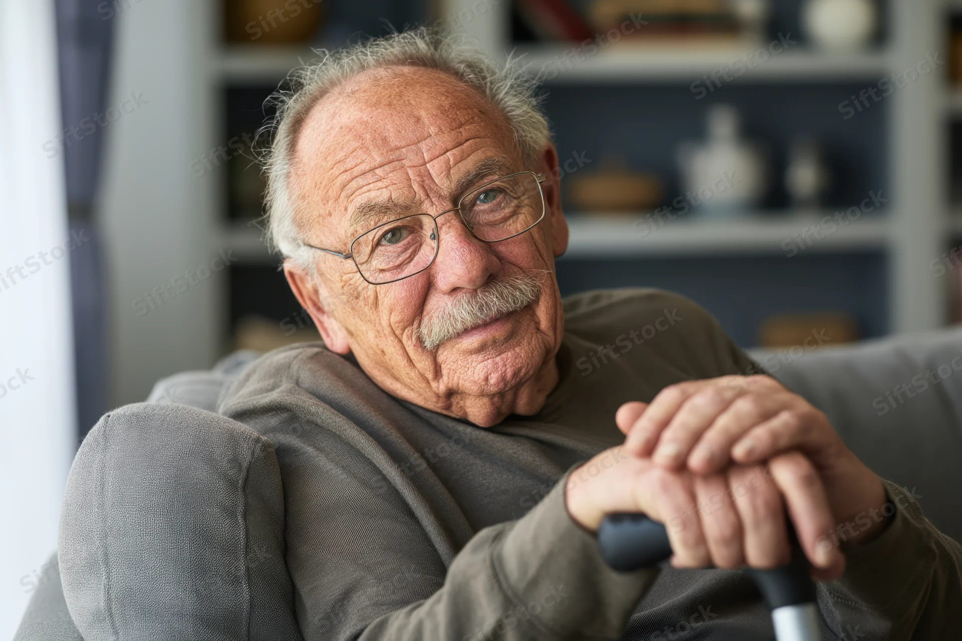 Elderly man with glasses and mustache sitting relaxed on a couch holding a cane in a living room