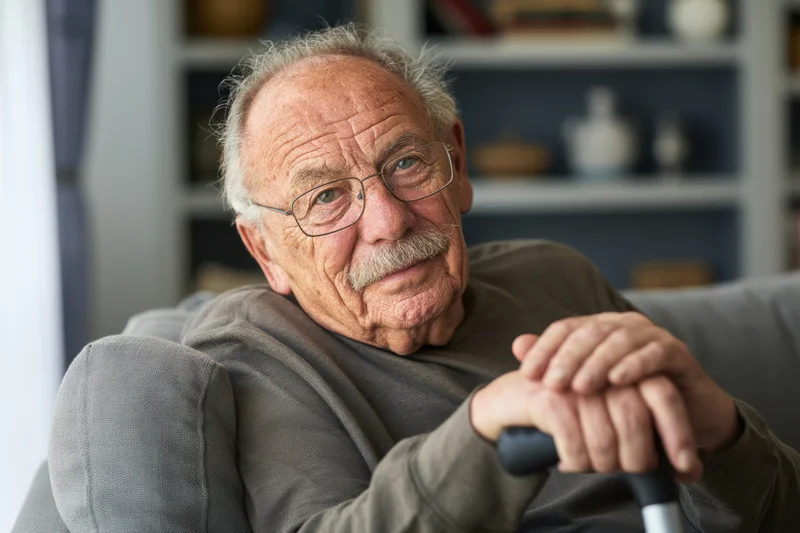 Elderly man with glasses and mustache sitting relaxed on a couch holding a cane in a living room