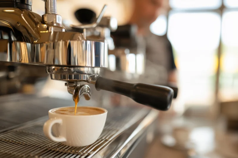 Espresso machine dispensing coffee into a white cup on a metal counter in a cafe