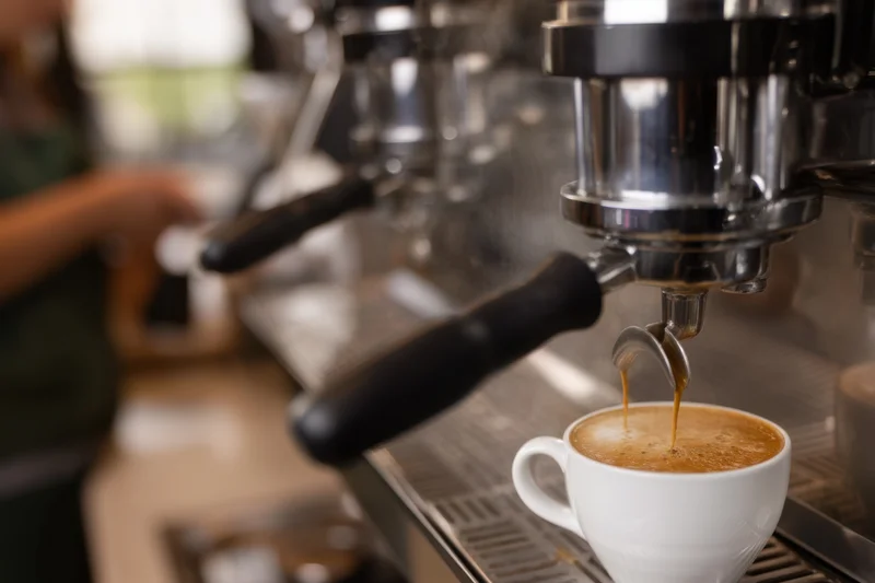 Espresso machine dispensing coffee into a white cup on a commercial counter