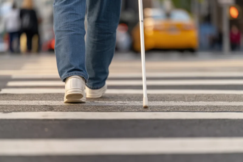 Person walking with white cane across city crosswalk