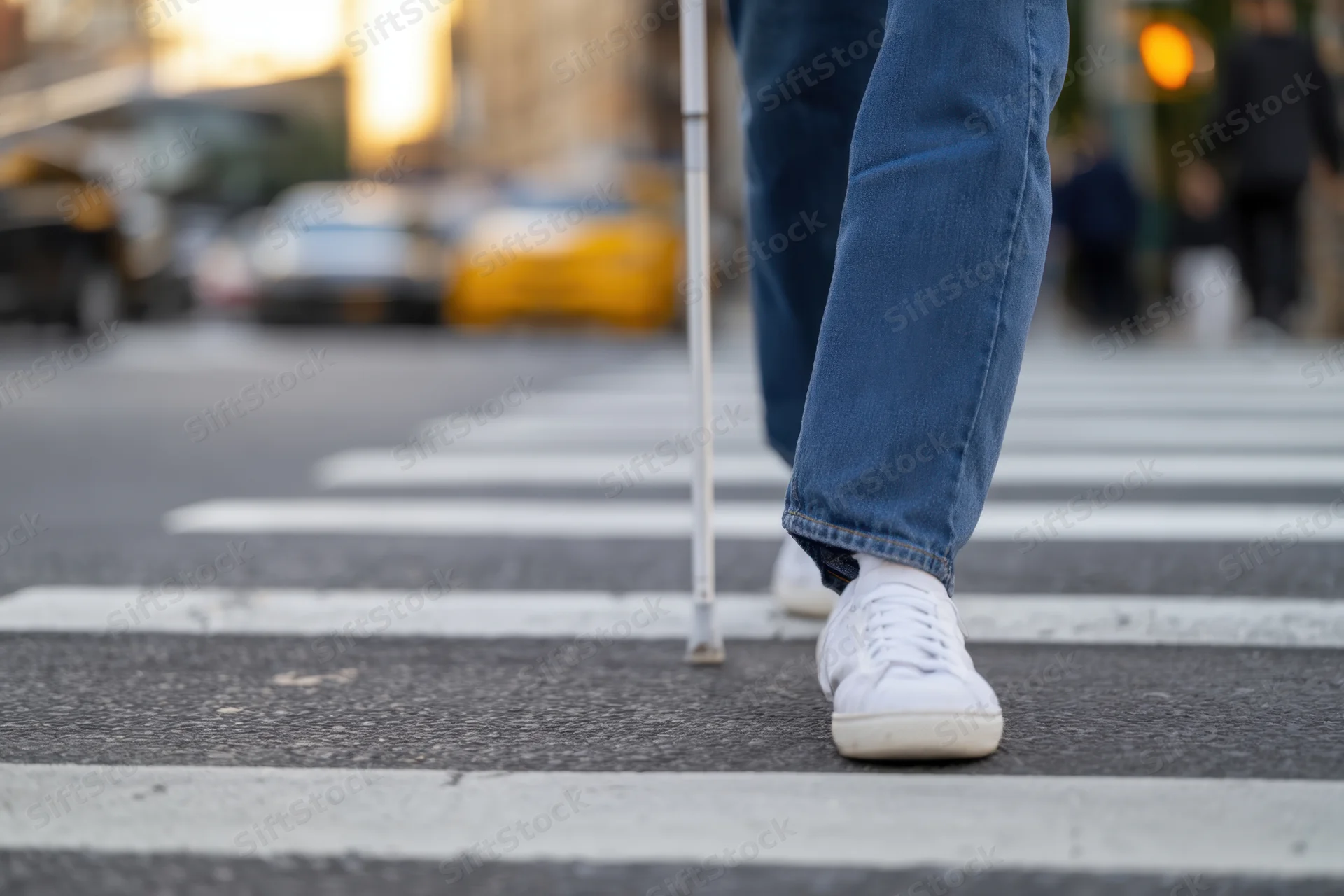Person walking with white cane across city crosswalk
