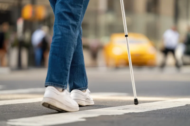Person walking with white cane on city crosswalk
