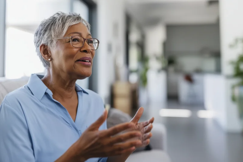 Senior africanamerican woman talking and gesturing while seated on a couch in a bright living room