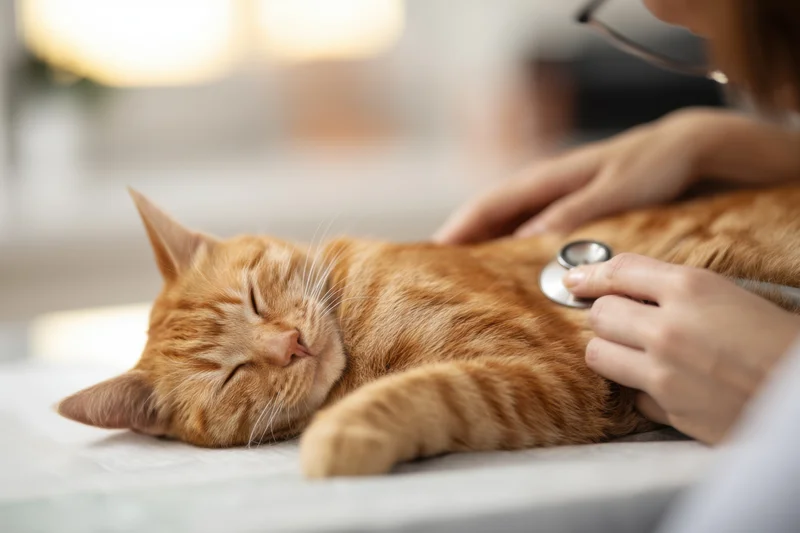 Orange tabby cat lying on examination table while veterinarian uses stethoscope to listen to its chest