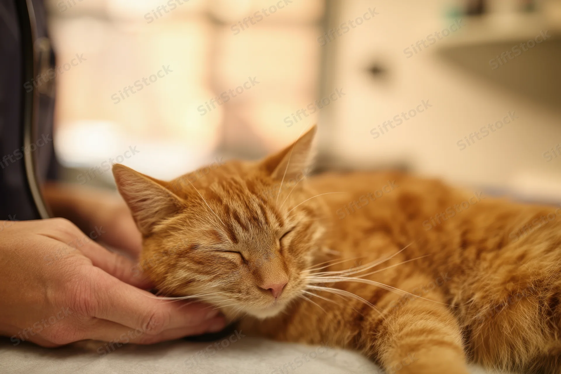 Orange tabby cat resting with eyes closed while being gently stroked by a veterinarian's hand during an examination in a clinic setting