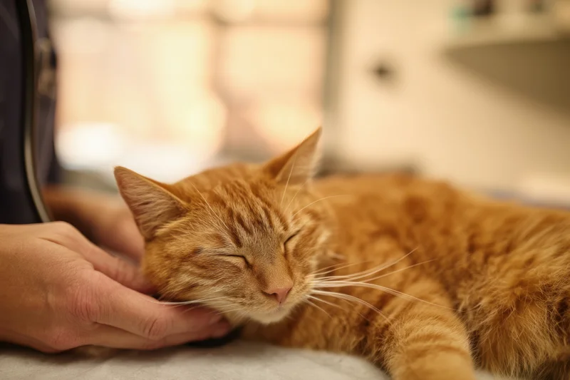 Orange tabby cat resting with eyes closed while being gently stroked by a veterinarian's hand during an examination in a clinic setting