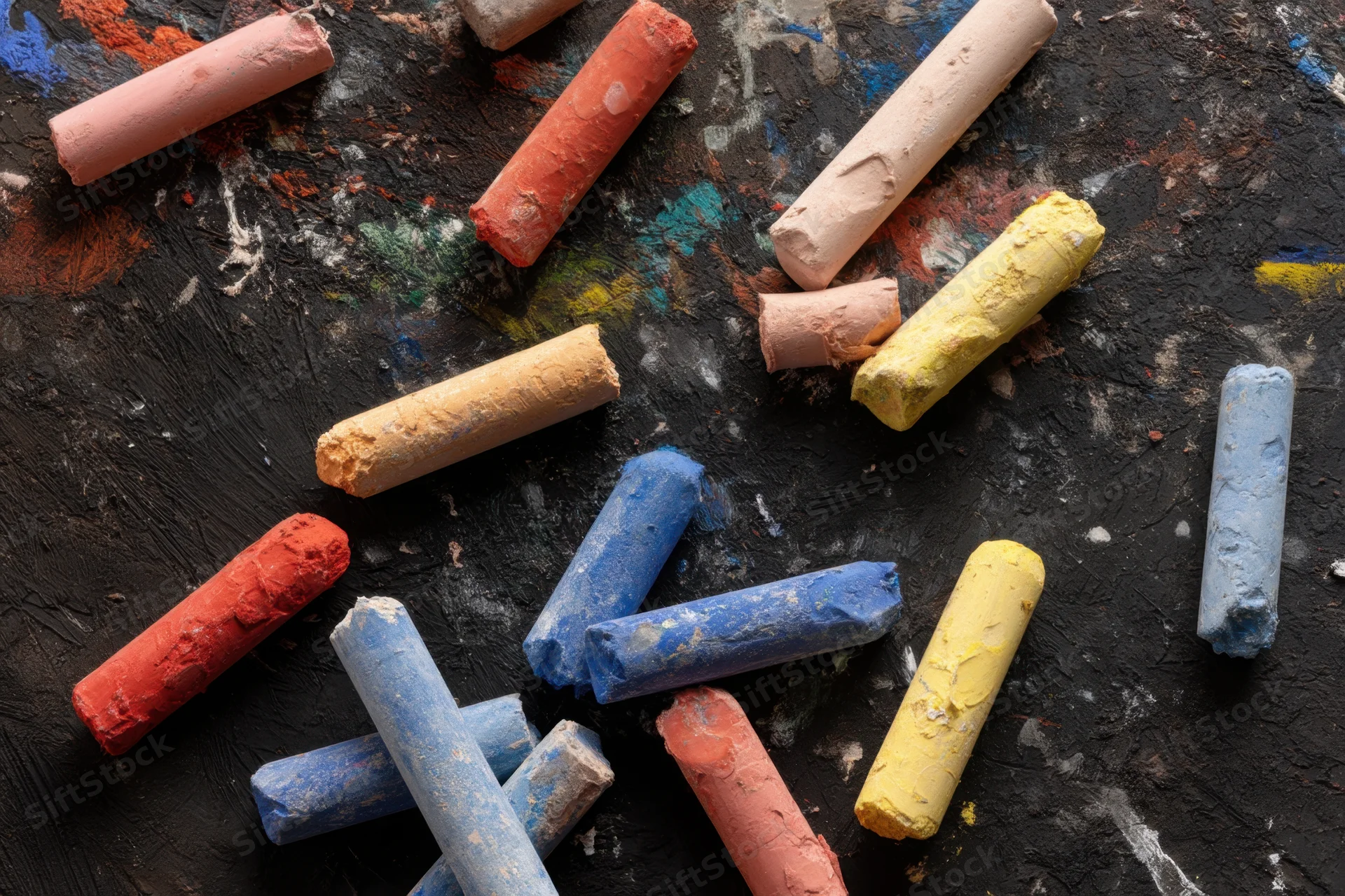 Colorful chalk sticks scattered on a textured black surface