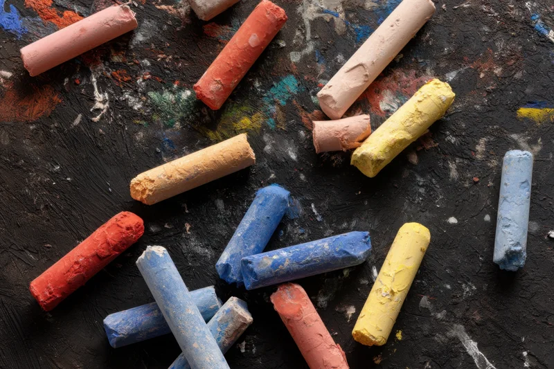 Colorful chalk sticks scattered on a textured black surface