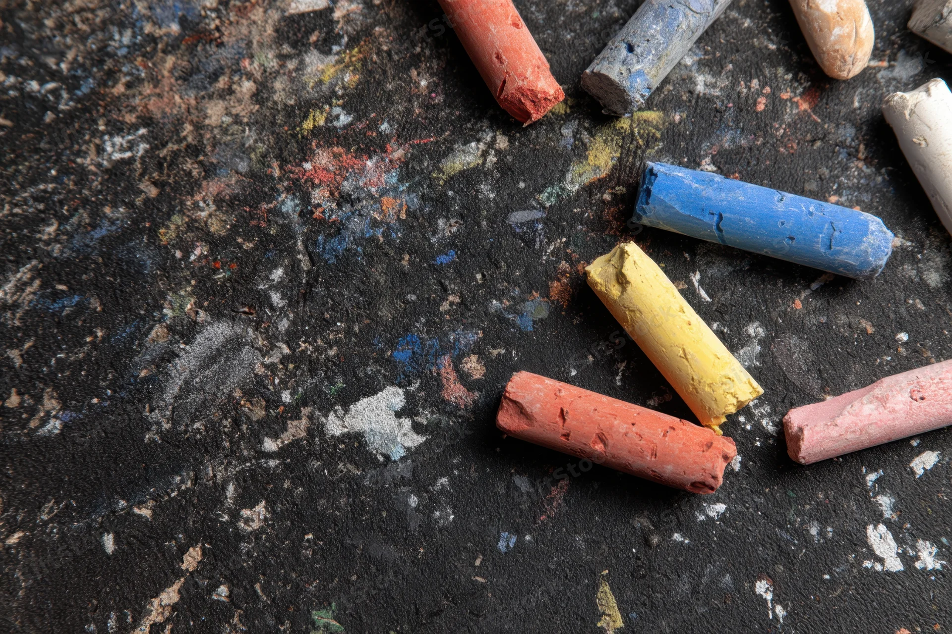 Colorful chalk sticks scattered on a textured black surface