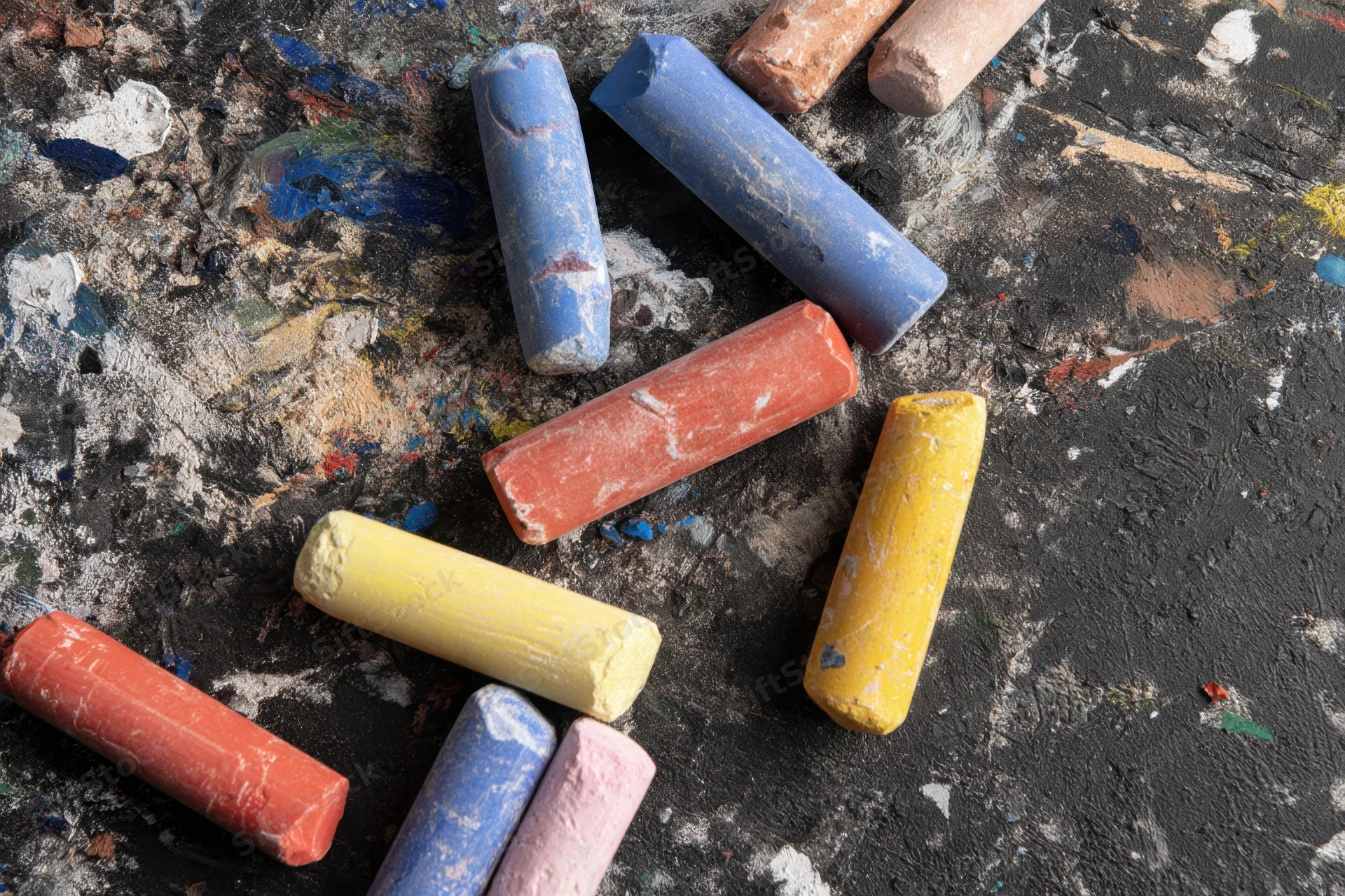 Pastels scattered on a textured black surface with paint smudges