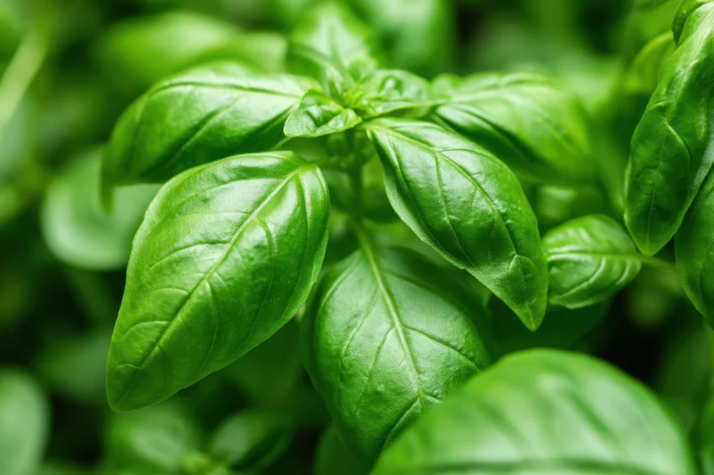 Closeup of fresh basil leaves showing vibrant green coloration in a garden setting