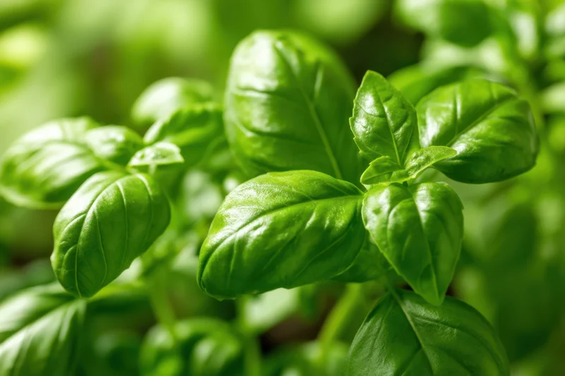 Close-up of fresh basil leaves showing vibrant green coloration in natural light