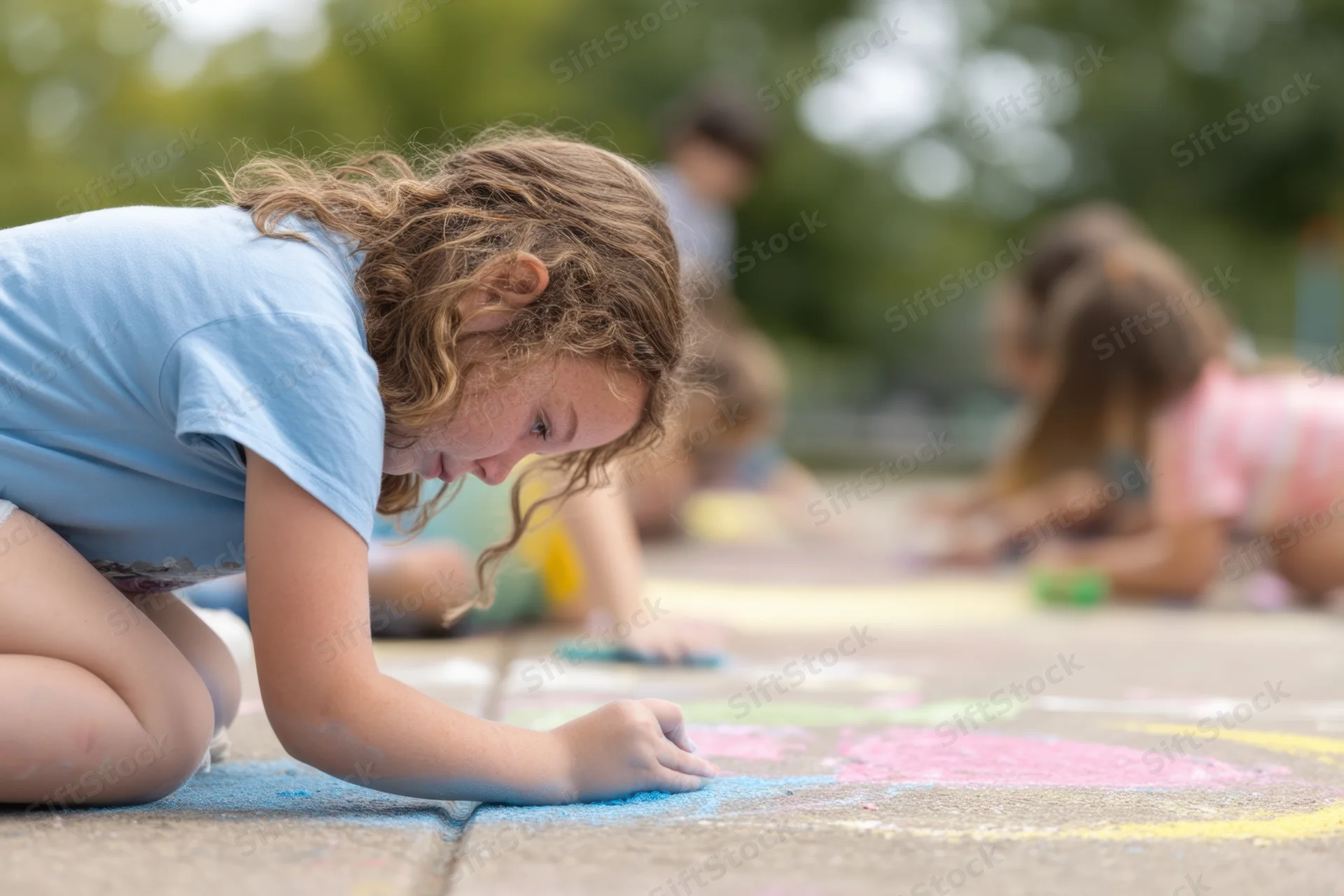 Girl drawing with colorful chalk on concrete sidewalk outdoors