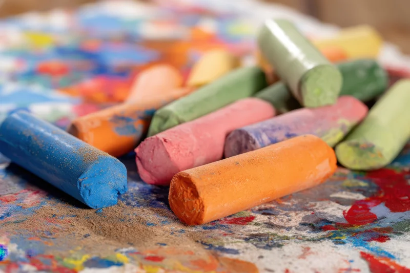 Colorful art pastels arranged on a textured surface covered in pigment residue