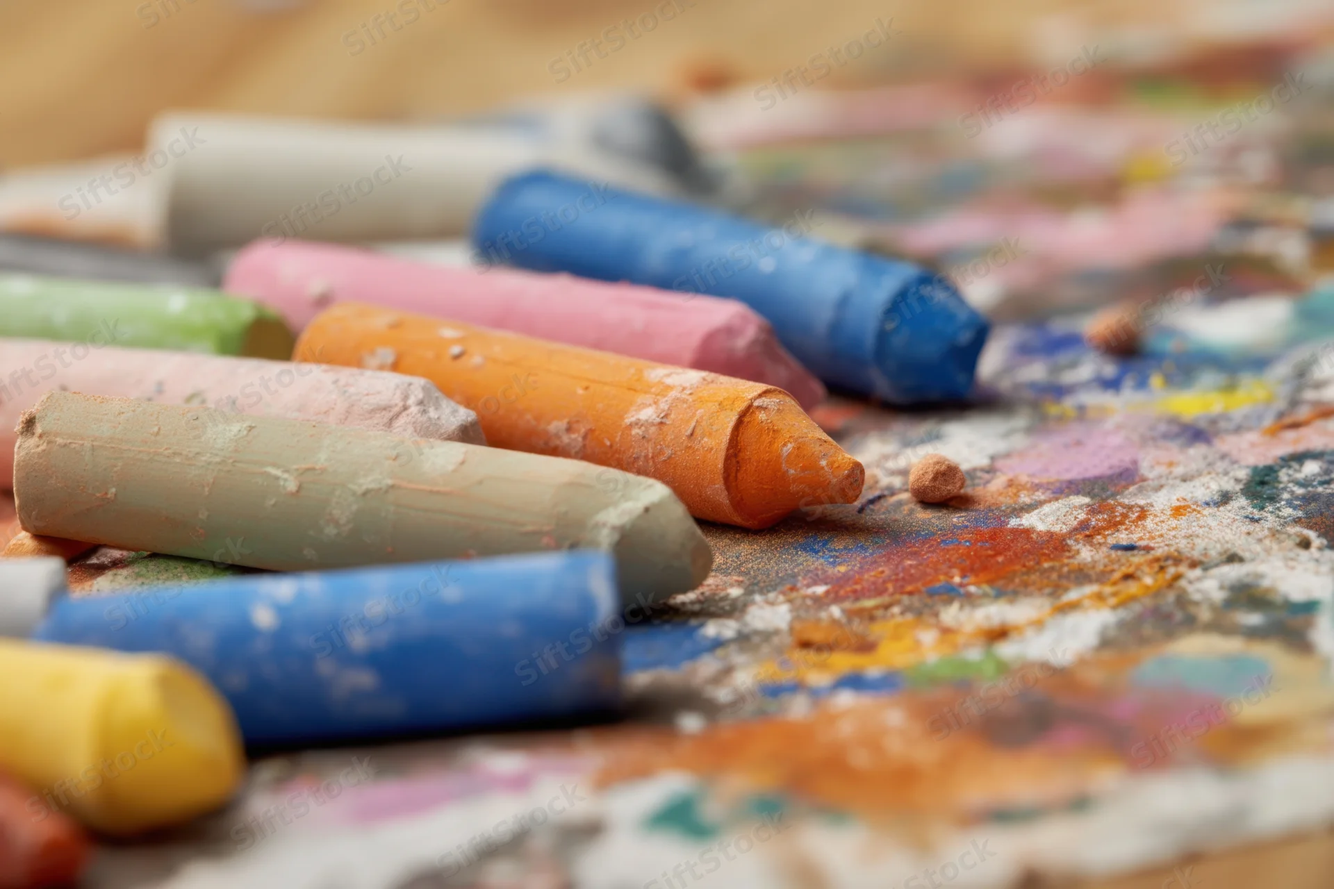 Colorful art pastels arranged on a textured surface with scattered pigment and dust