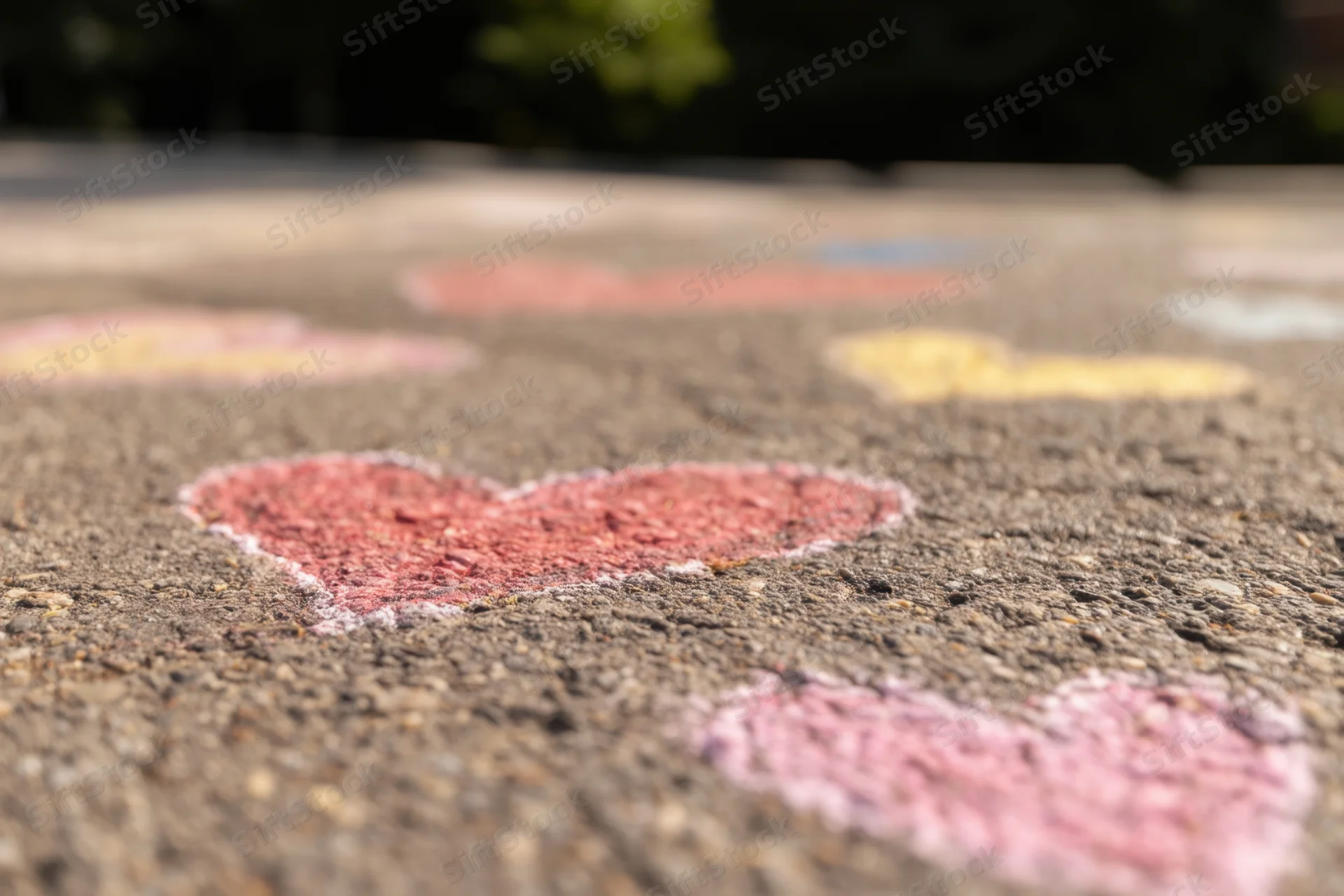 Colorful heart shapes drawn with chalk on textured asphalt pavement
