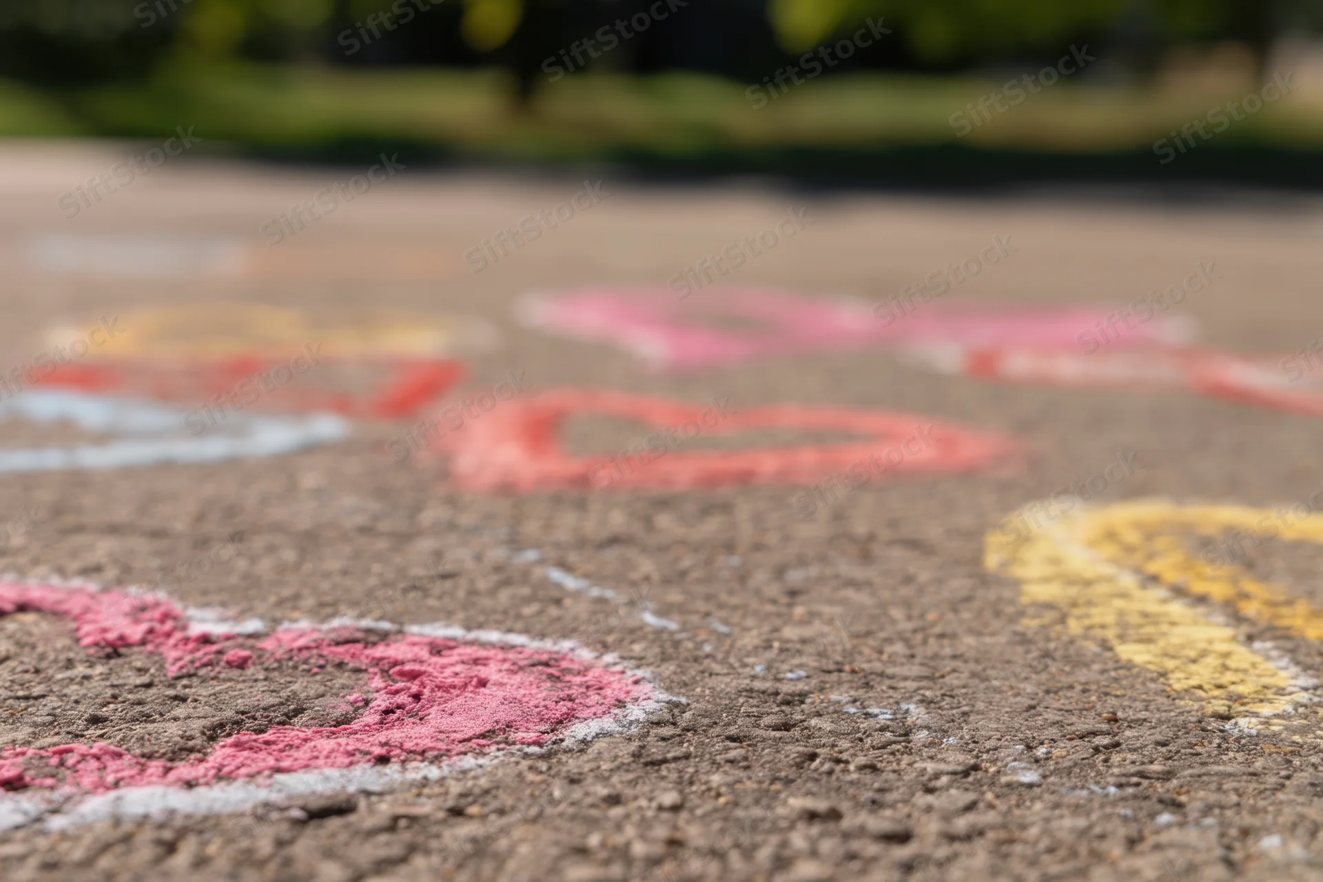 Colorful heart shapes drawn with chalk on textured asphalt pavement outdoors