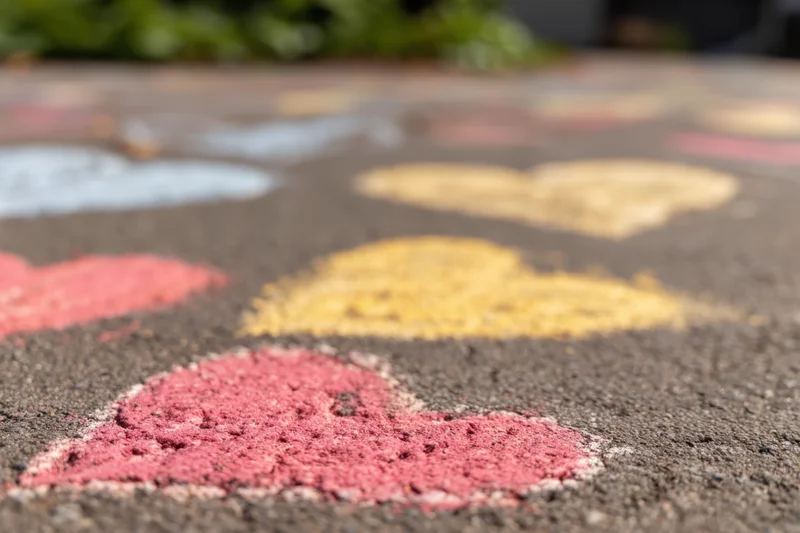 Colorful heart shapes drawn with chalk on textured asphalt pavement