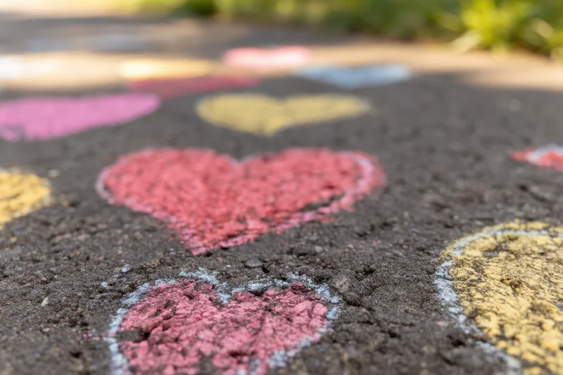 Colorful heart shapes drawn with chalk on textured asphalt pavement outdoors