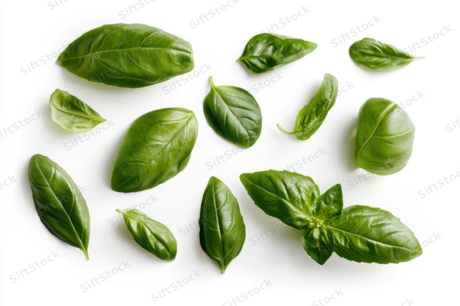 Fresh basil leaves arranged artistically on a clean white background