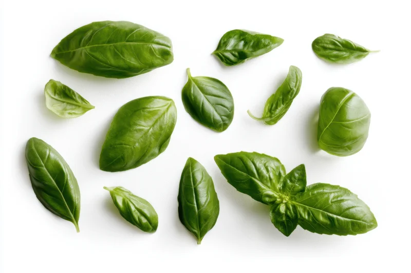 Fresh basil leaves arranged artistically on a clean white background
