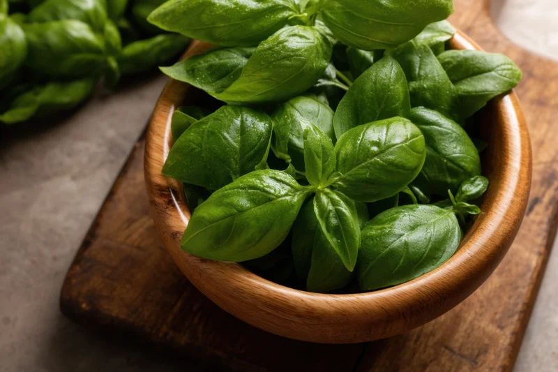 Fresh basil leaves arranged in a smooth wooden bowl on a cutting board