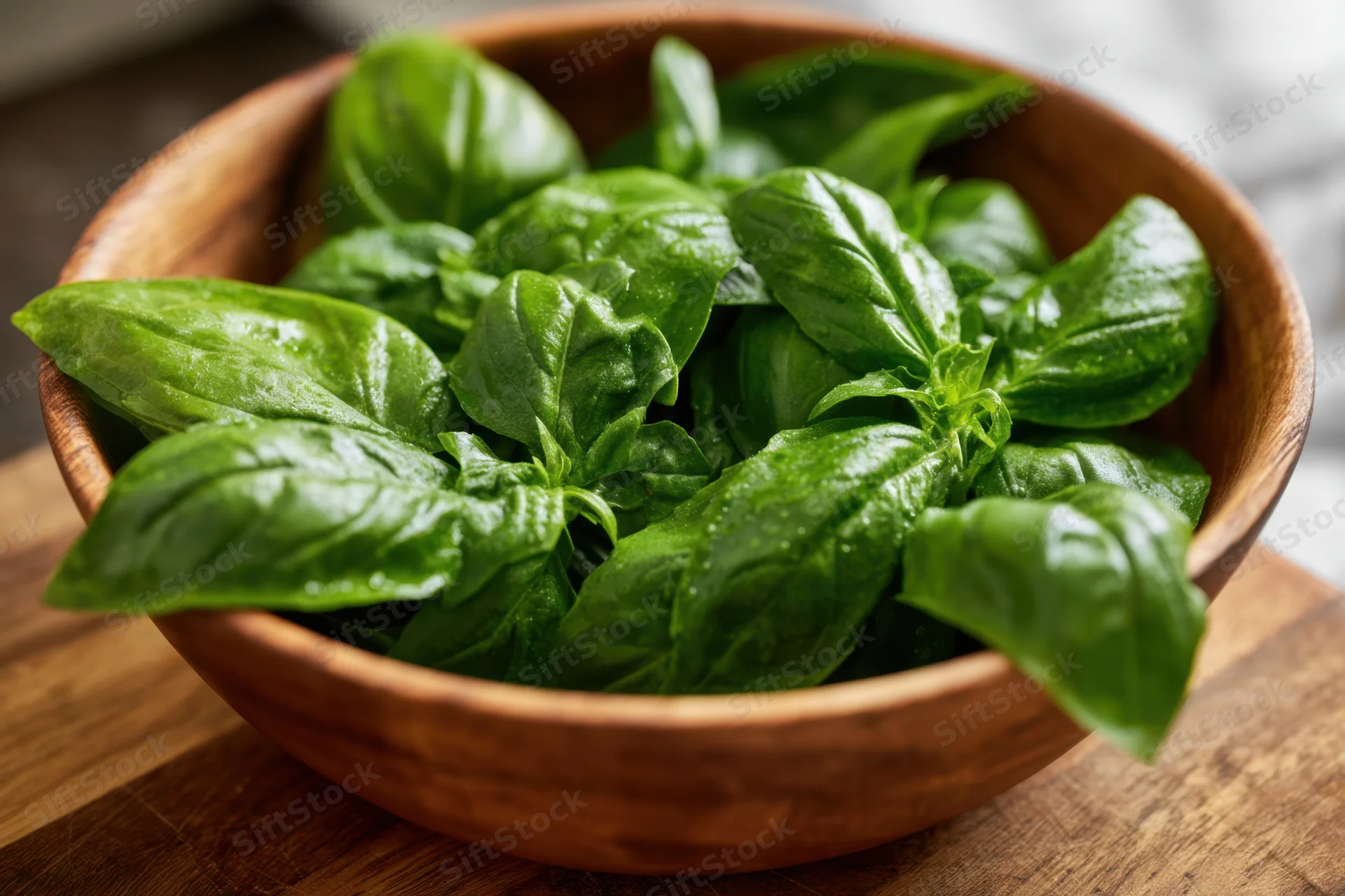 Fresh basil leaves arranged in a wooden bowl on a cutting board