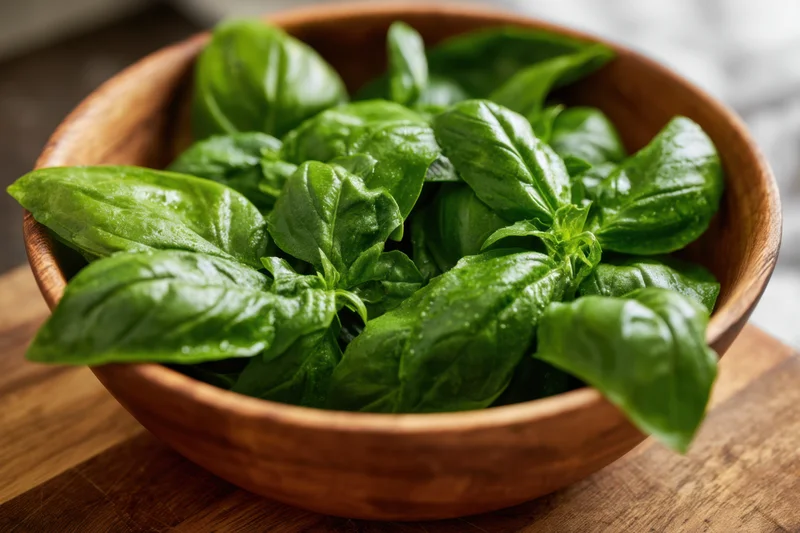 Fresh basil leaves arranged in a wooden bowl on a cutting board