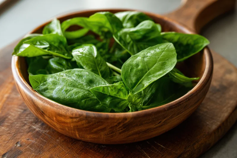 Fresh basil leaves arranged in a wooden bowl on a cutting board