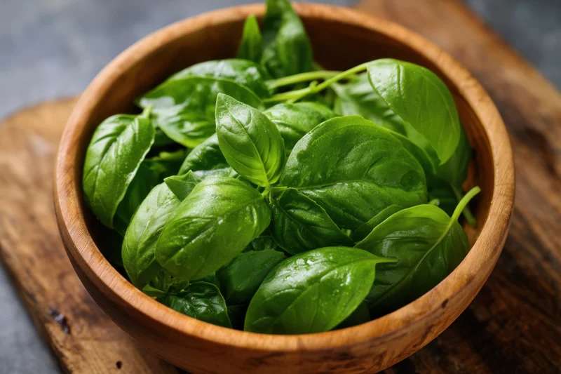 Fresh basil leaves arranged in a wooden bowl on a cutting board
