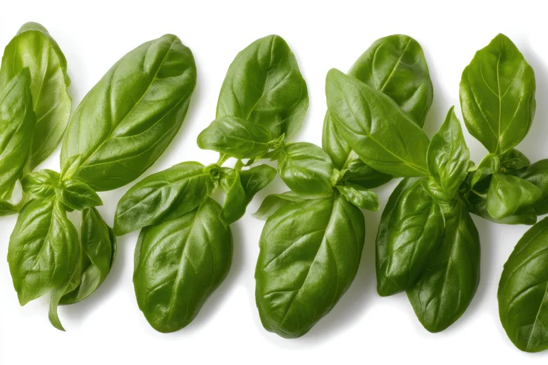 Fresh basil leaves arranged in a row on a white background
