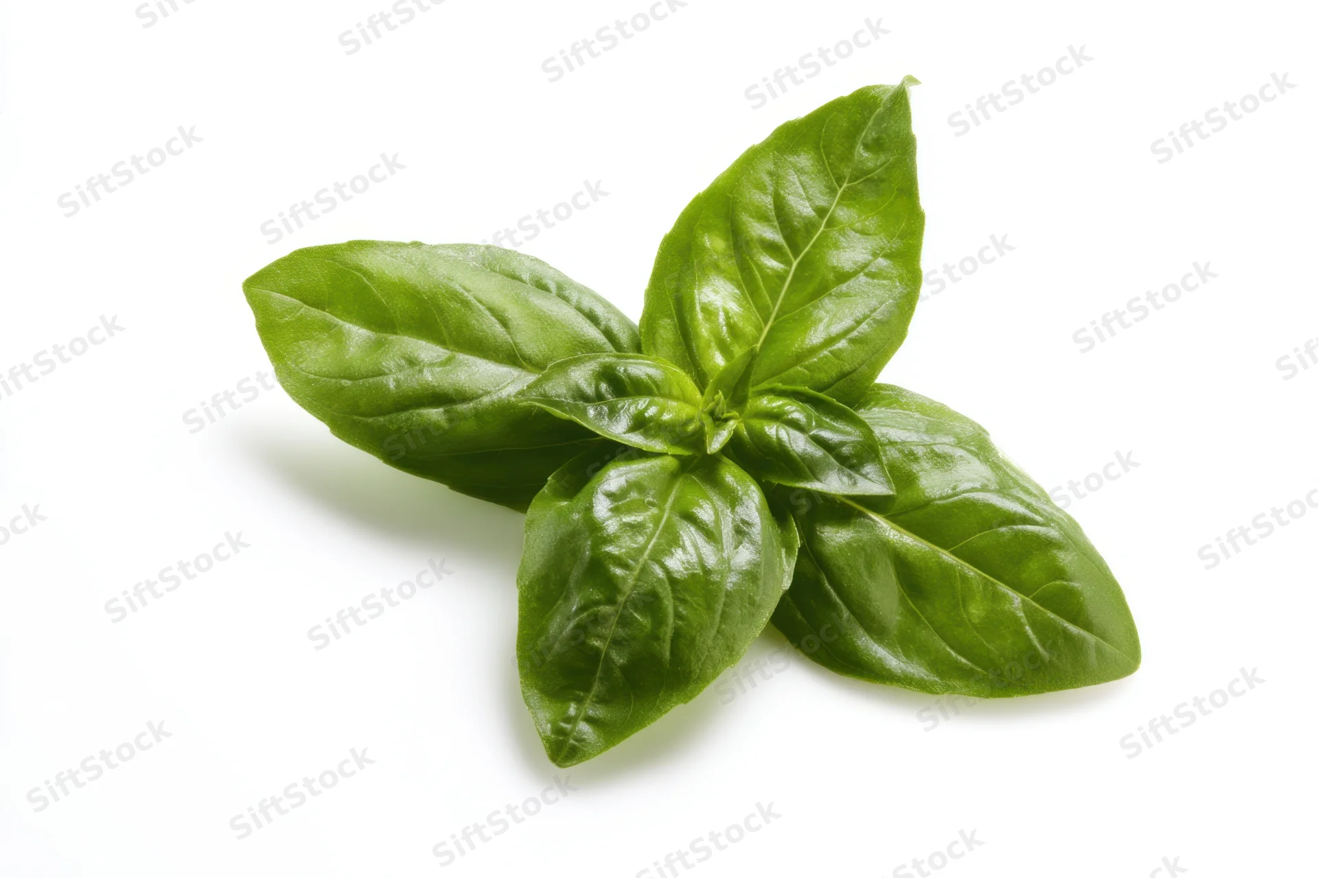 Fresh basil leaves arranged in a star shape on white background