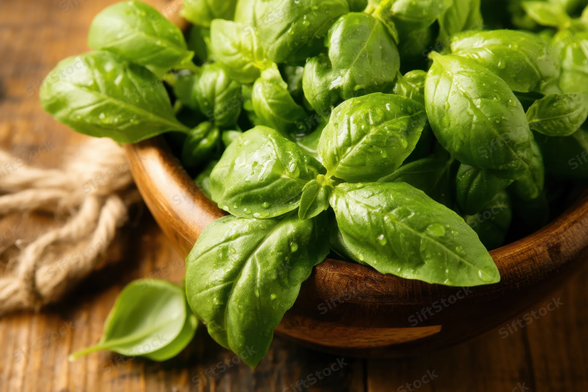 Fresh basil leaves arranged in a wooden bowl on a rustic wooden surface