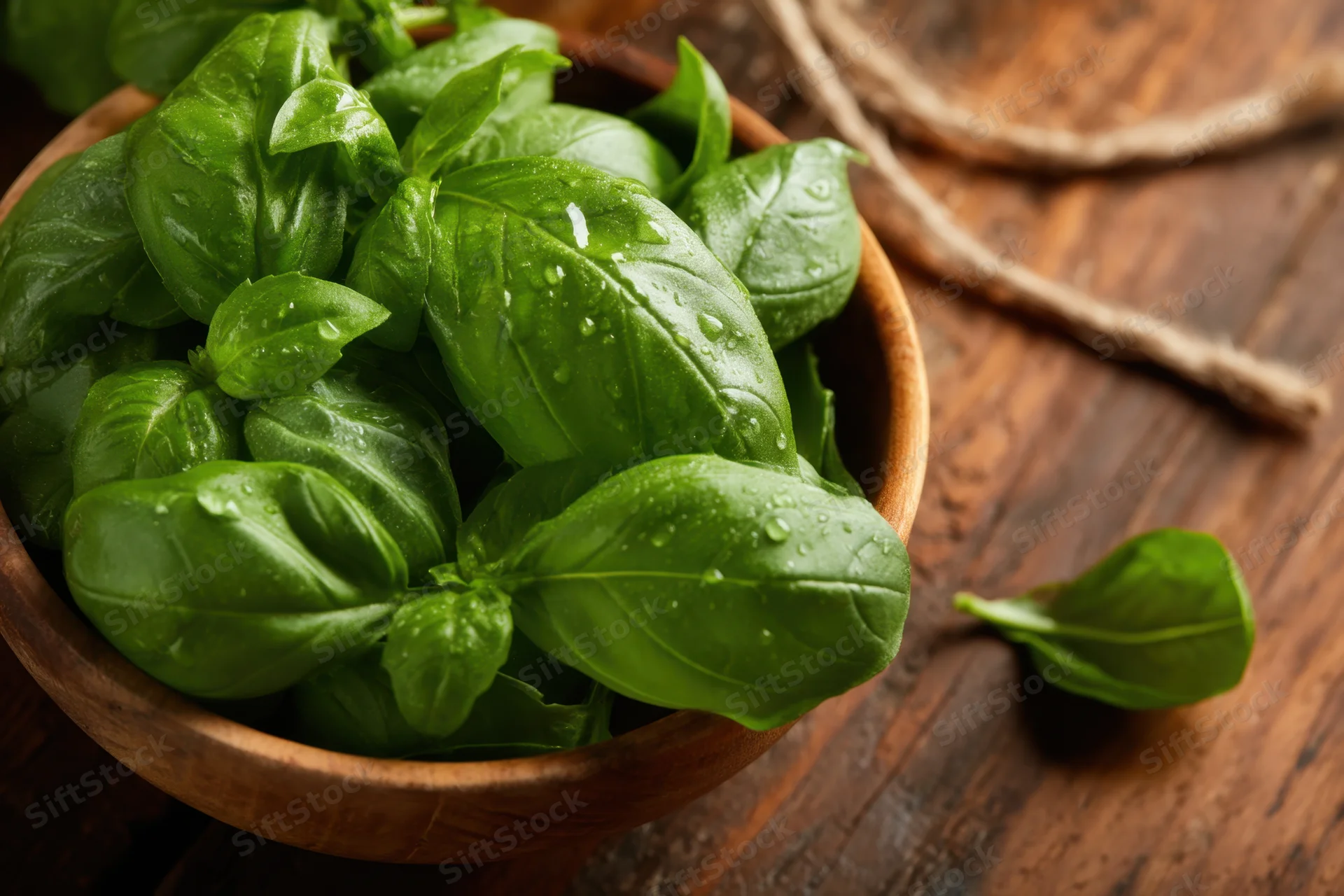 Fresh basil leaves in a wooden bowl on a rustic wooden table