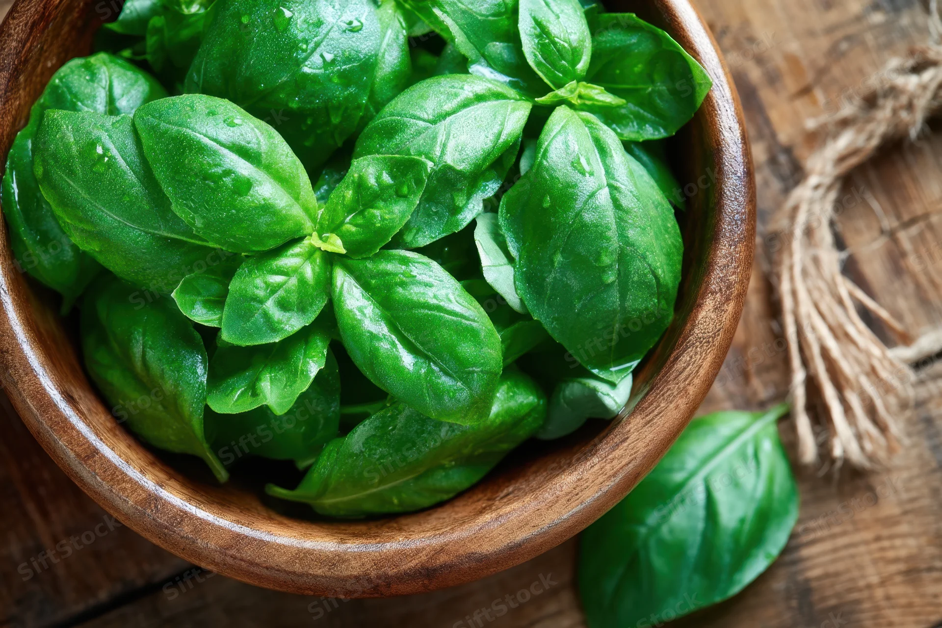 Fresh basil leaves arranged in a wooden bowl on a rustic wooden surface