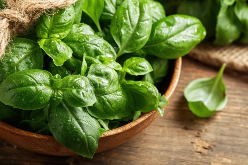 Fresh basil leaves arranged in a wooden bowl on a rustic wooden table