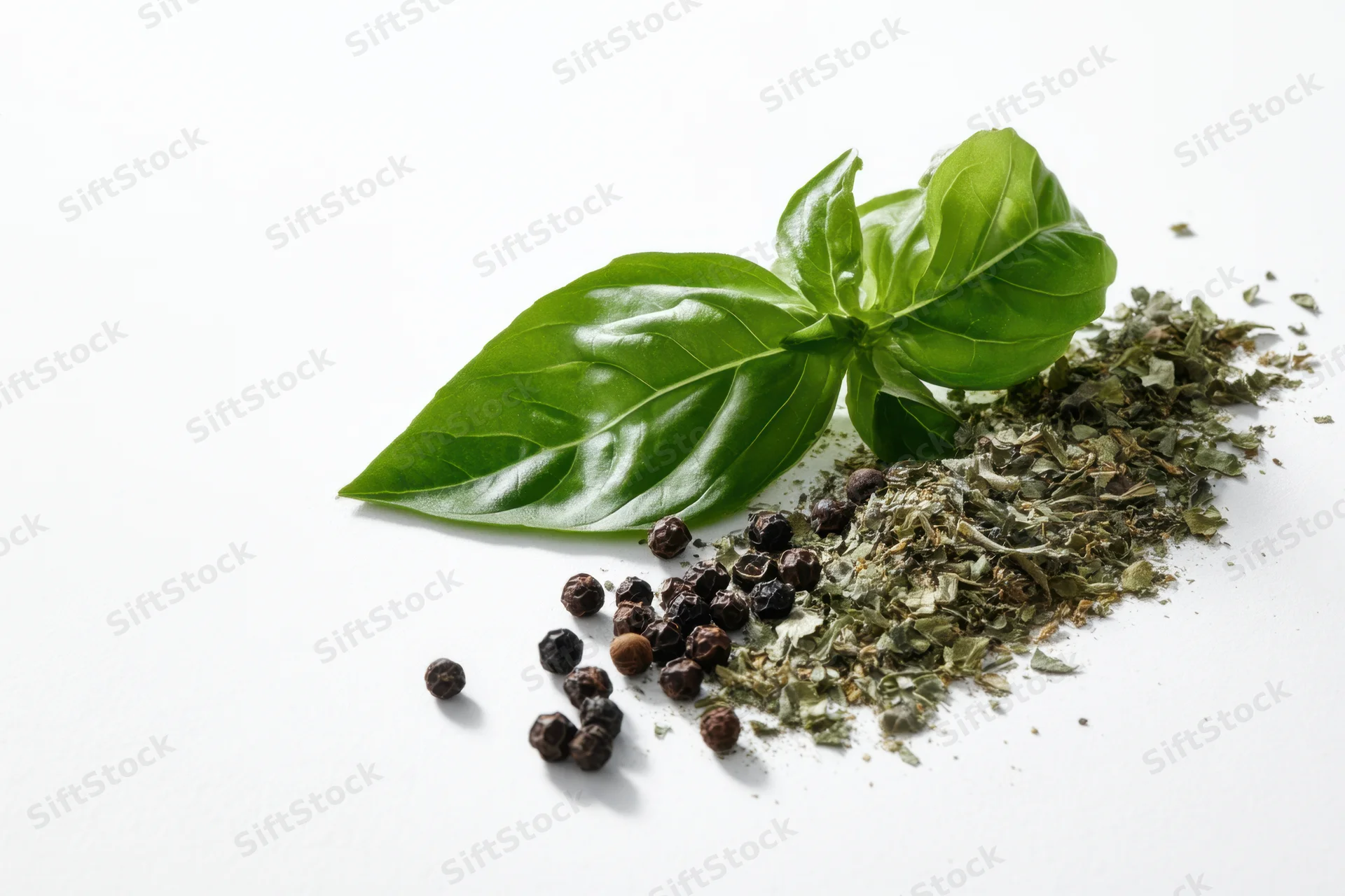 Fresh basil leaves arranged next to dried basil flakes and black peppercorns on white background
