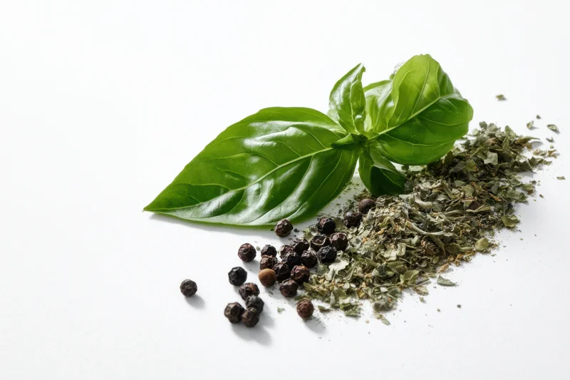 Fresh basil leaves arranged next to dried basil flakes and black peppercorns on white background