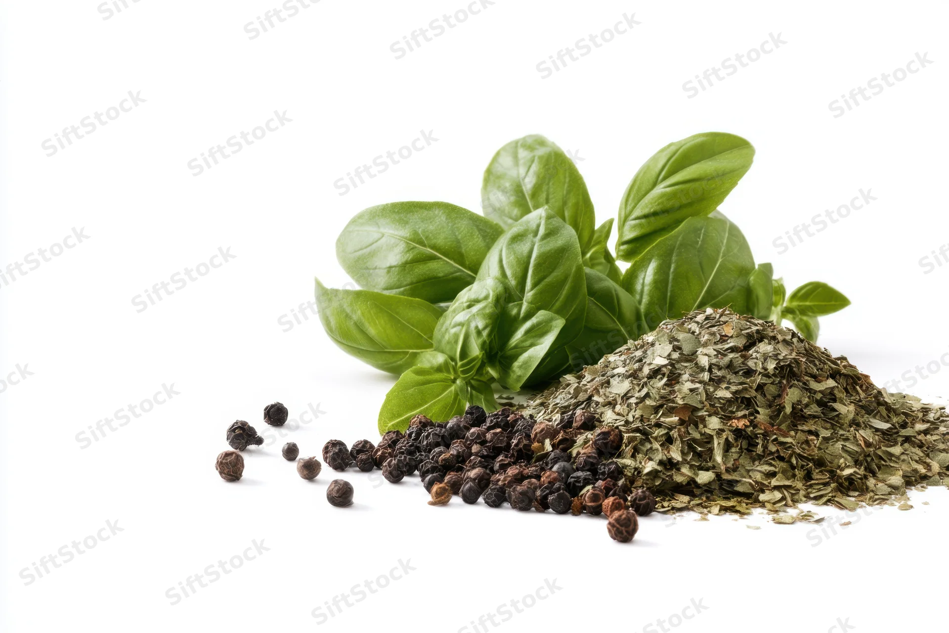 Fresh basil leaves arranged next to dried basil flakes and black peppercorns on white background