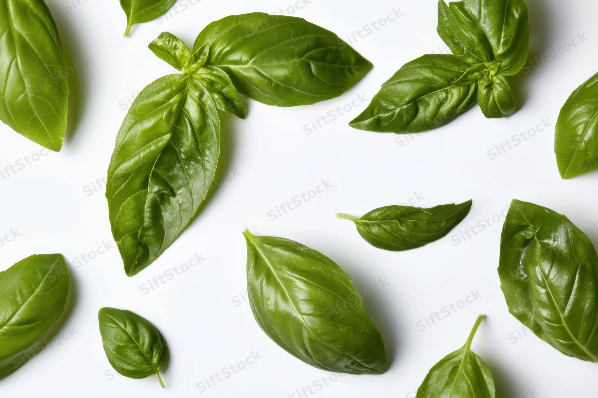 Fresh basil leaves arranged on a clean white background