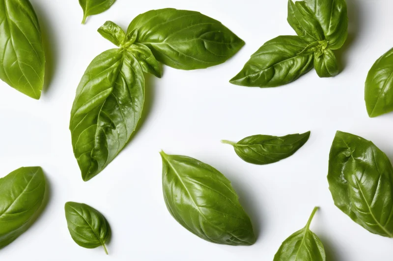 Fresh basil leaves arranged on a clean white background