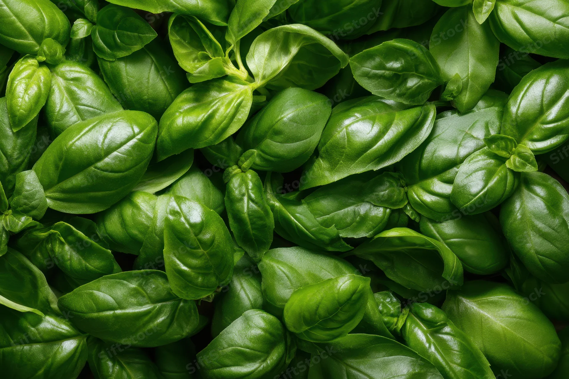 Fresh basil leaves densely packed in a close-up view showing their vibrant green color and glossy texture