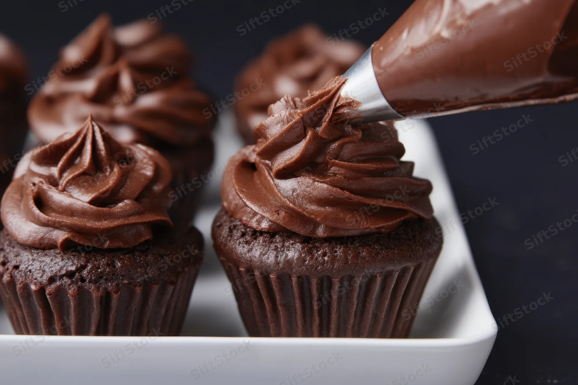 Chocolate cupcakes being frosted with chocolate icing using a piping bag on a white tray