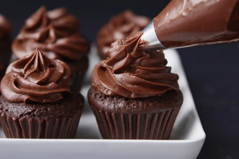 Chocolate cupcakes being frosted with chocolate icing using a piping bag on a white tray