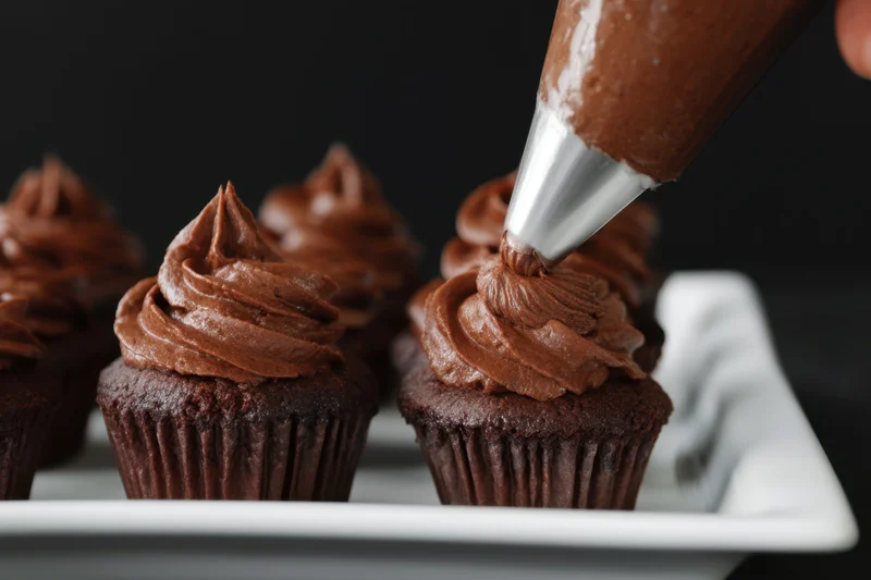Chocolate cupcakes being frosted with chocolate icing from a piping bag on a white tray