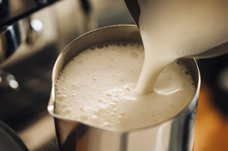 Steamed milk pouring into a stainless steel pitcher for coffee preparation