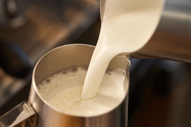 Steamed milk pouring into a stainless steel pitcher for coffee preparation